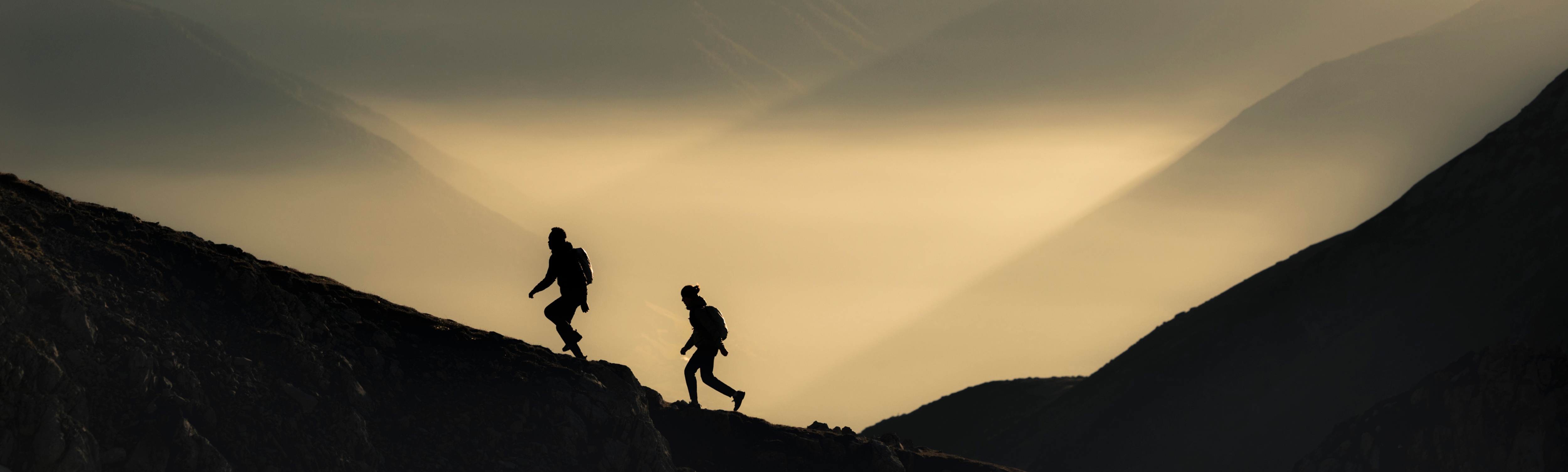 hiking, mountains, silhouettes, sunrise, backpack