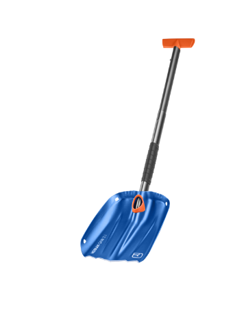 snow shovel, kidney shovel, blue shovel, orange handle, adjustable shaft