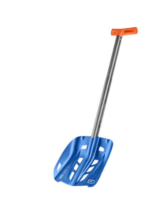 snow shovel, plastic shovel, blue blade, orange handle, adjustable shaft
