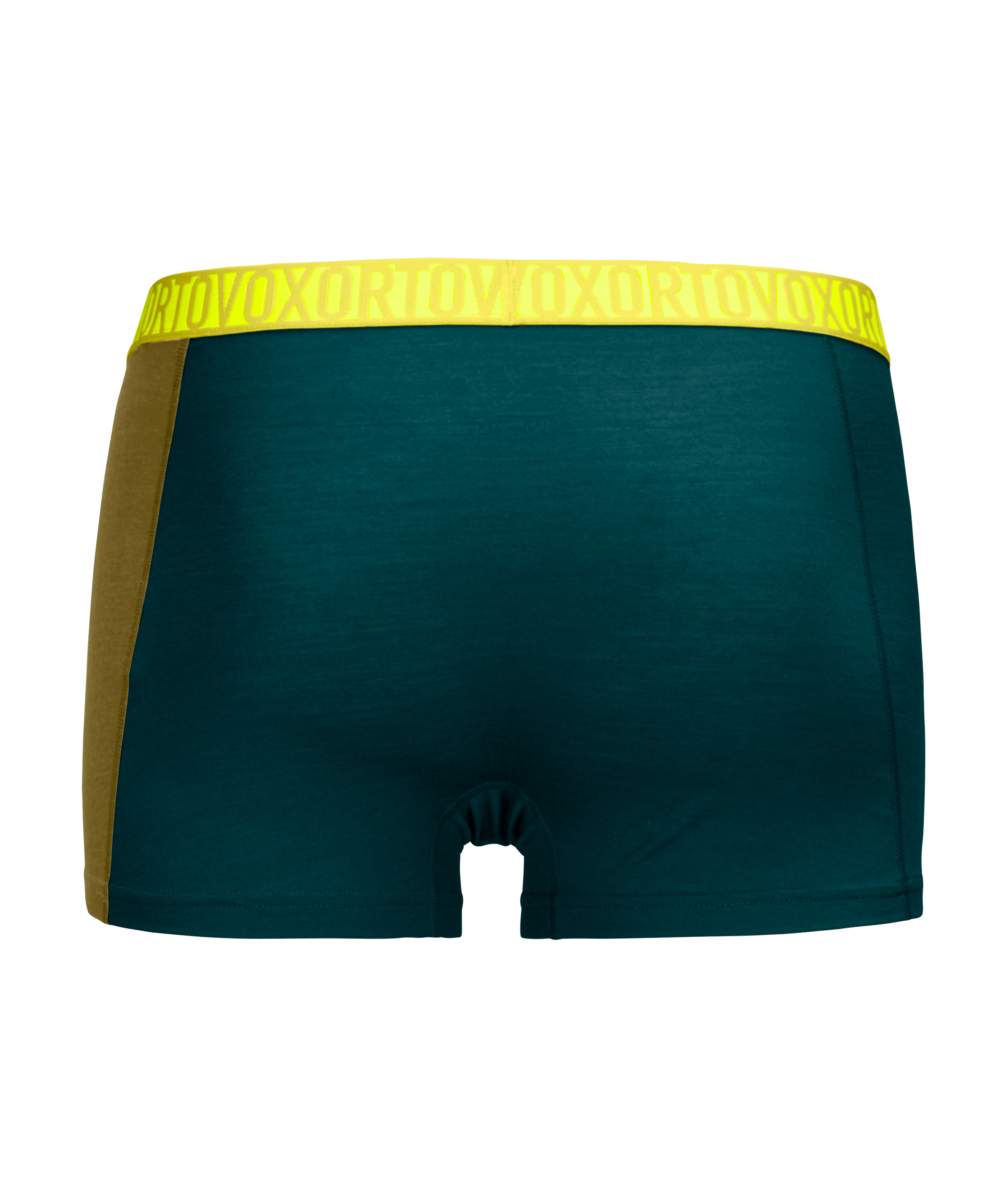 Bag, Handbag, Clothing, Swimming Trunks, Underwear, Bag, Handbag, Clothing, Swimming Trunks, Underwear, boxer briefs, green teal, yellow waistband, back view, elastic waistband